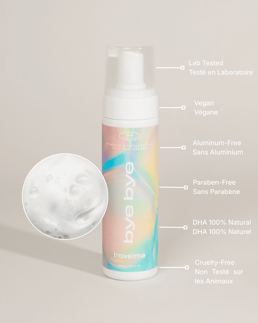 Mousse nettoyante d'autobronzant sur un fond blanc. Distinctions du produit à droite : DHA naturel, etc.